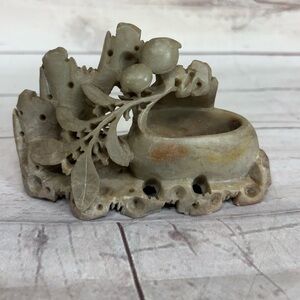 Vintage Hand Carved Soapstone planter Sculpture light gray beige 3D Small